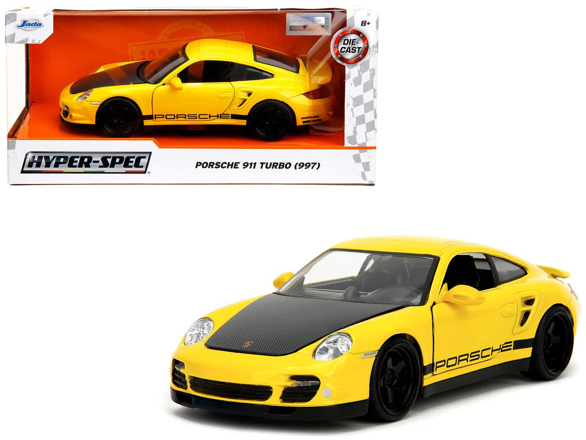 Porsche 911 Turbo (997) Yellow with Carbon Hood "Hyper-Spec" Series 1/24 Diecast Model Car by Jada - Multicolor