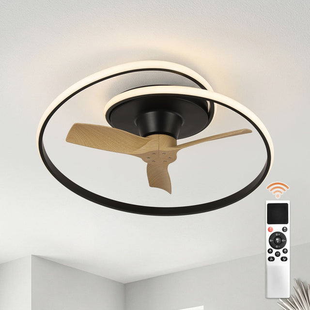 Front. Vaczon - 30" Modern Spiral Ring LED Flush Mount Ceiling Fan with Light and Remote Control, Low-Profile Caged Ceiling Fan - Black.