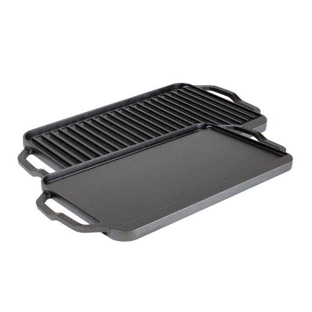 Front. Lodge - 19.5" X 10" Cast Iron Reversible Grill/Griddle - Double Burner - Indoor & Outdoor - Superior Heat Retention - Black.