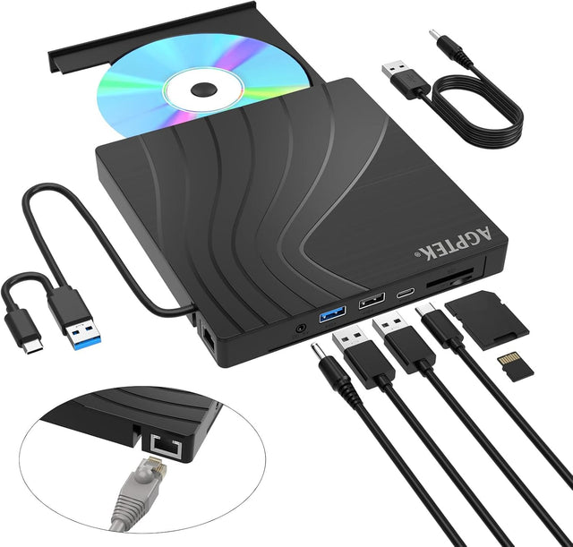 Front. AGPtek - External CD/DVD Drive for Laptop, PC, MacBook, Windows, Linux, USB 3.0 Slim DVD Burner with Ethernet Adapter - Black.