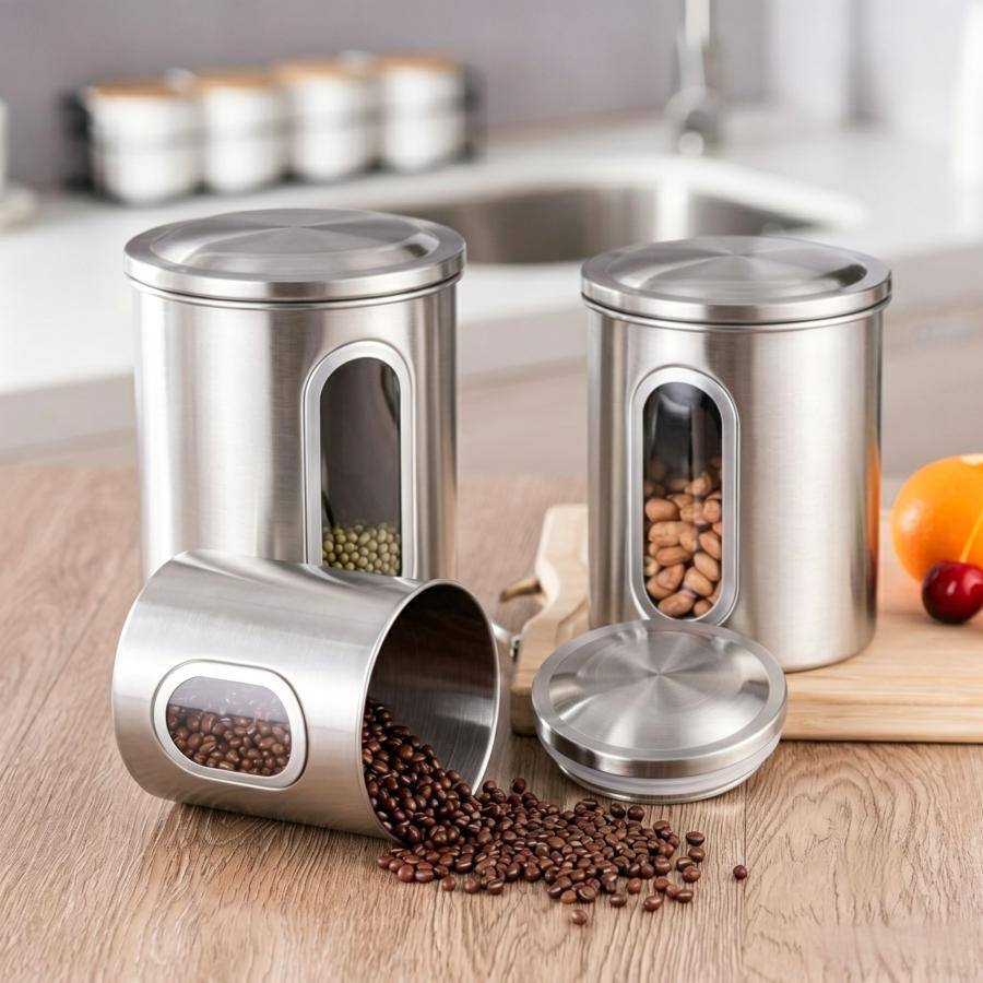 Malletson - 3 Piece Stainless Steel Canister Set, Airtight Coffee Container Tea Organizer & Sugar Canister, Kitchen - Black