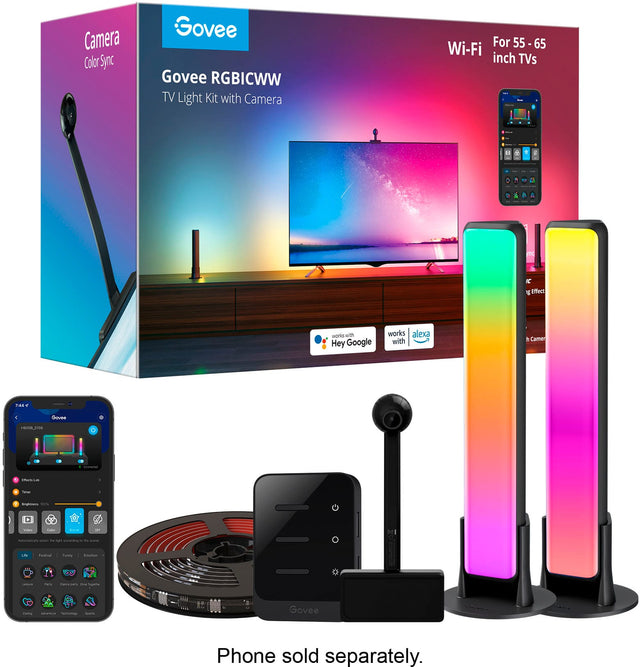 Camera Color Sync Govee RGBICWW TV Light Kit with Camera For 55 -6 65 Wi-Fi inch TVs - L . 1 - 4 mE E Iffect works with Hey Google works alexa with  Came has + - Goves . ee - - - -ong - C - : - 1 - i -. - cntrs - - - - Sedina naes - - - - - - Govee Phone sold separately.