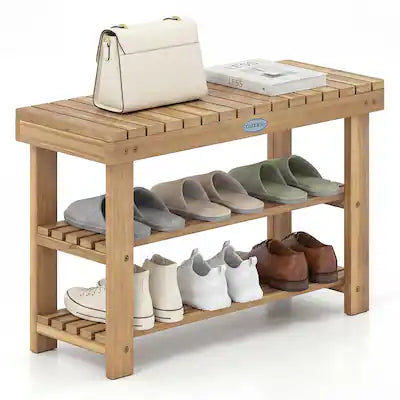 Costway - 3-Tier Solid Wood Shoe Rack Bench Free Standing Shoe Organizer with Slatted Shelves
