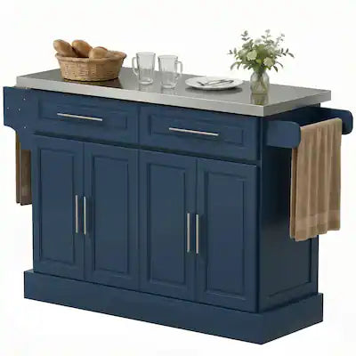 Homcom - Kitchen Island with Stainless Steel Top, 2 Drawers, Spice, Knife and Towel Rack and Cabinets