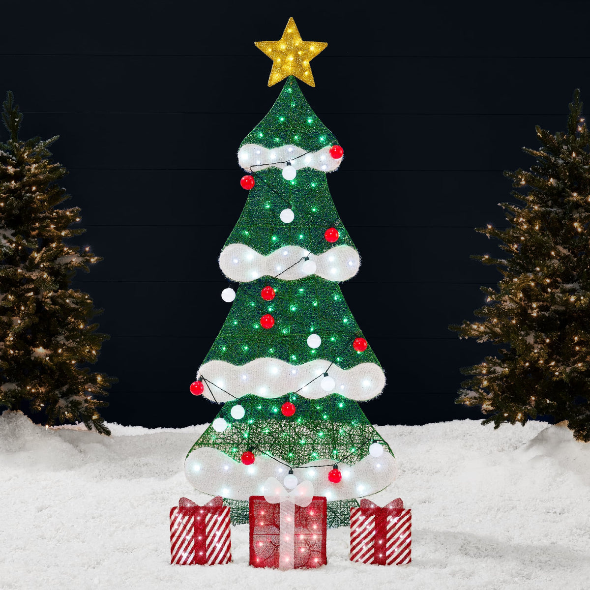 Best Choice Products - 6ft Lighted 2D Christmas Tree Outdoor Decor w/ 170 LED Lights, Gift Boxes, Storage Bag - Red - Red/White