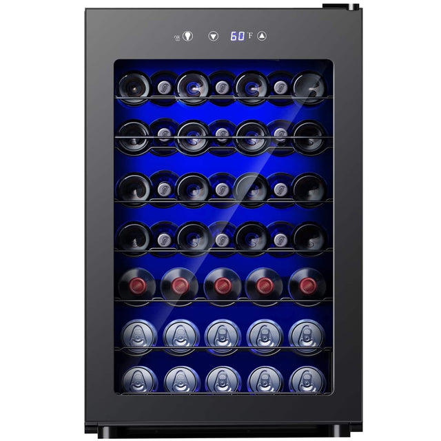 Front. SIMZLIFE - 45 Bottle Wine Cooler Refrigerator,Built-in Wine Fridge with Stainless Steel Glass Door,Ideal for Home, Kitchen & Office - Black.