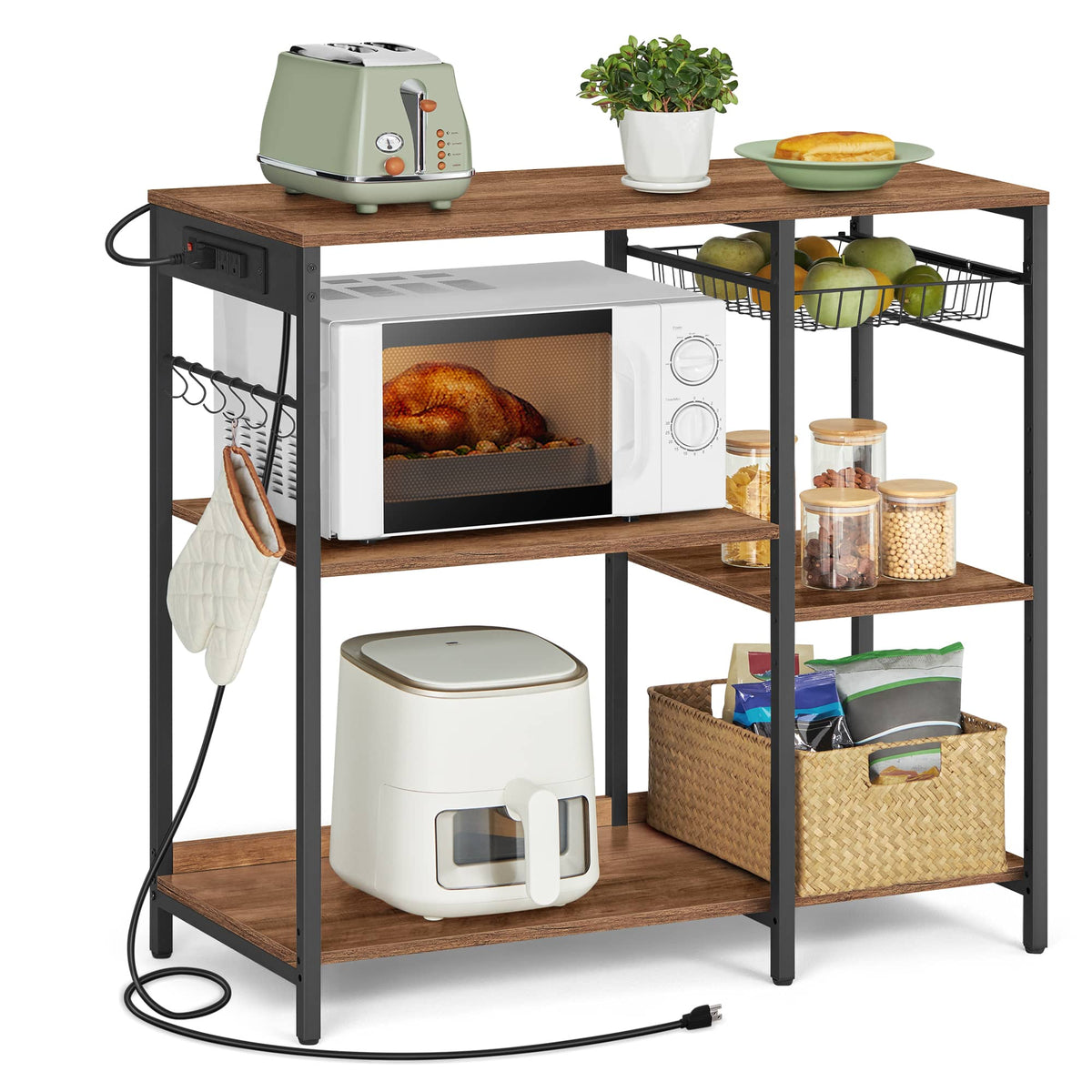 Songmics Home - Baker's Rack, Coffee Bar Stand with Charging Station, Storage Shelves, Pull-Out Wire Basket, Table for Microwave - Rustic Walnut