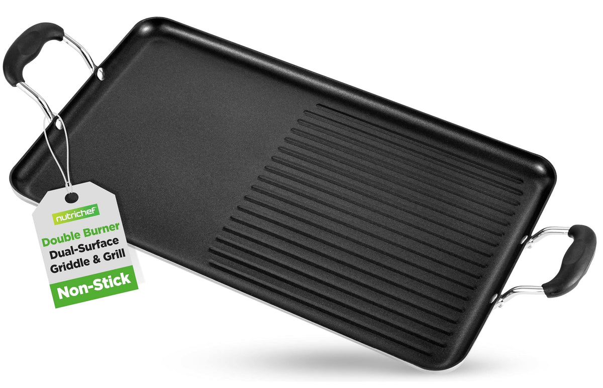 NutriChef - 24" Stove Top Griddle Pan, Nonstick Double Burner Grill & Griddle Combo, Ridged & Flat Surfaces - Black