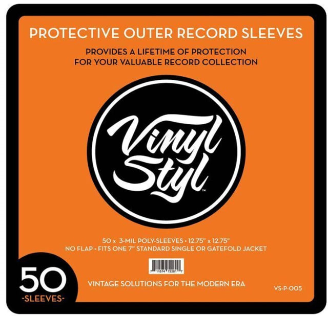 PROTECTIVE OUTER RECORD SLEEVES  
PROVIDES A LIFETIME OF PROTECTION FOR YOUR VALUABLE RECORD COLLECTION  

Vinyl Styl  

50 x 3-MIL POLY-SLEEVES 12.75" x 12.75" NO FLAP FITS ONE 7" STANDARD SINGLE OR GATEFOLD JACKET  

50 SLEEVES  

VINTAGE SOLUTIONS FOR THE MODERN ERA  

VS-P-005
