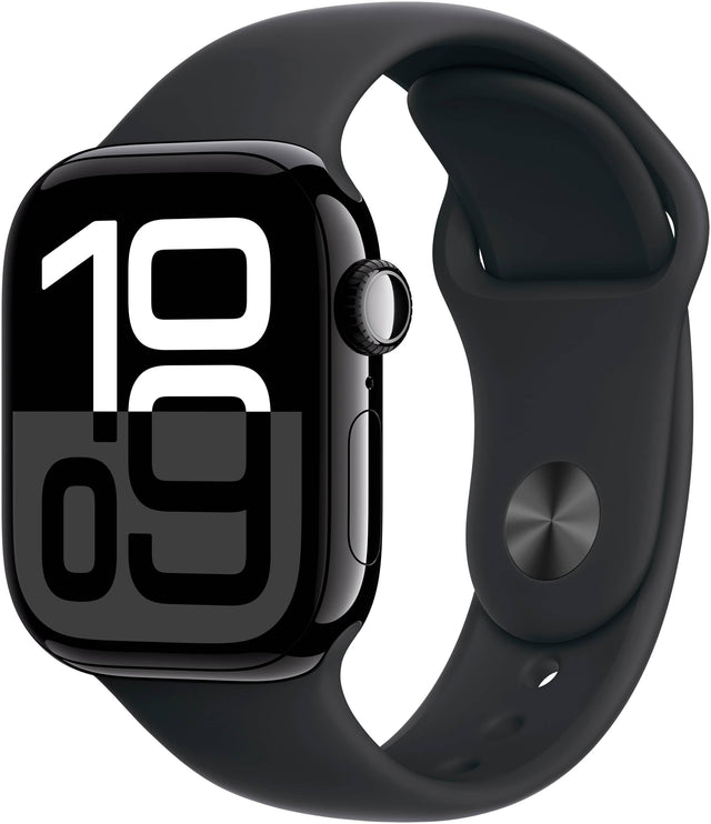 Angle. Apple - Apple Watch Series 10 (GPS) 42mm Aluminum Case with Black Sport Band - S/M - Jet Black.