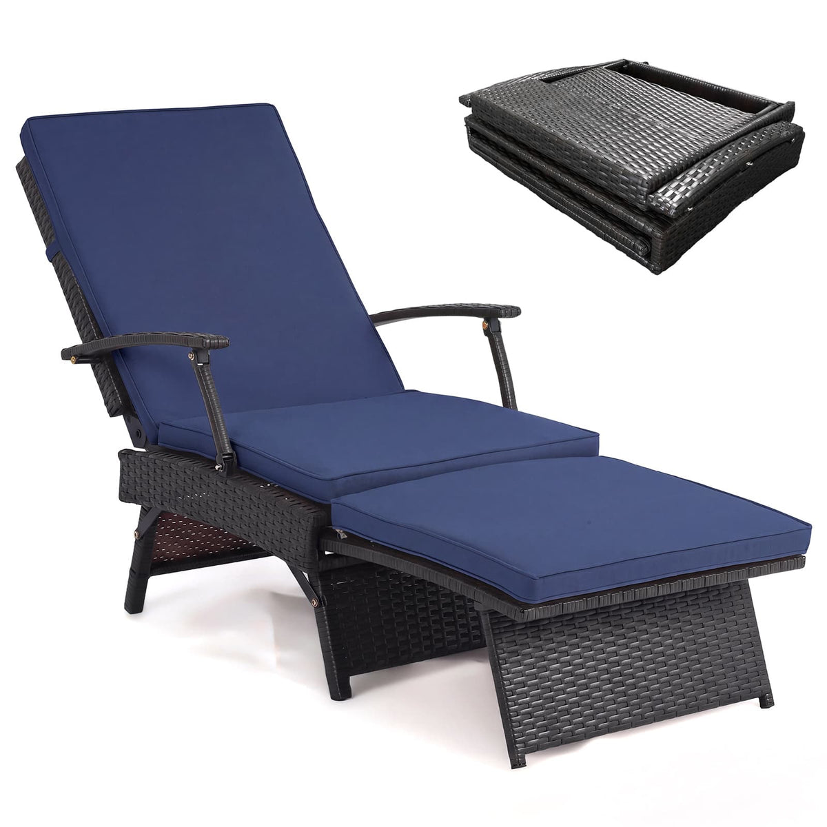 Gymax - Folding Wicker Chaise Lounge w/Slide-Out Ottoman11-Level Adjustable Backrest Mix Brown & Navy - Blue