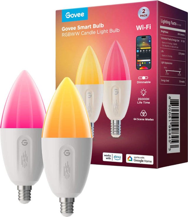 Govee Smart Bulb  
RGBWW Candle Light Bulb  
Wi-Fi  

2 PACK  

Lighting Facts  
Brightness: 450 lumens  
Estimated Yearly Energy Cost: $1.56 (Based on 3 hrs/day, 144 kWh/year)  
Life: 22.8 years (Based on 3 hrs/day)  
Light Appearance: Warm 2700K to Cool 6500K  
Energy Used: 5.8 watts  
Life Time: 25000H  
64 Scene Modes  

Dimmable  

Works with Alexa  
Works with Google Home  

25000H Life Time  
64 Scene Modes  

8 50061 99845 3