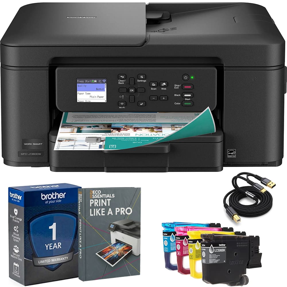 Brother - MFC-J1360DW Wireless All-in-One Inkjet Printer with USB Printer Cable and Print Like a Pro eBook Guide Bundle