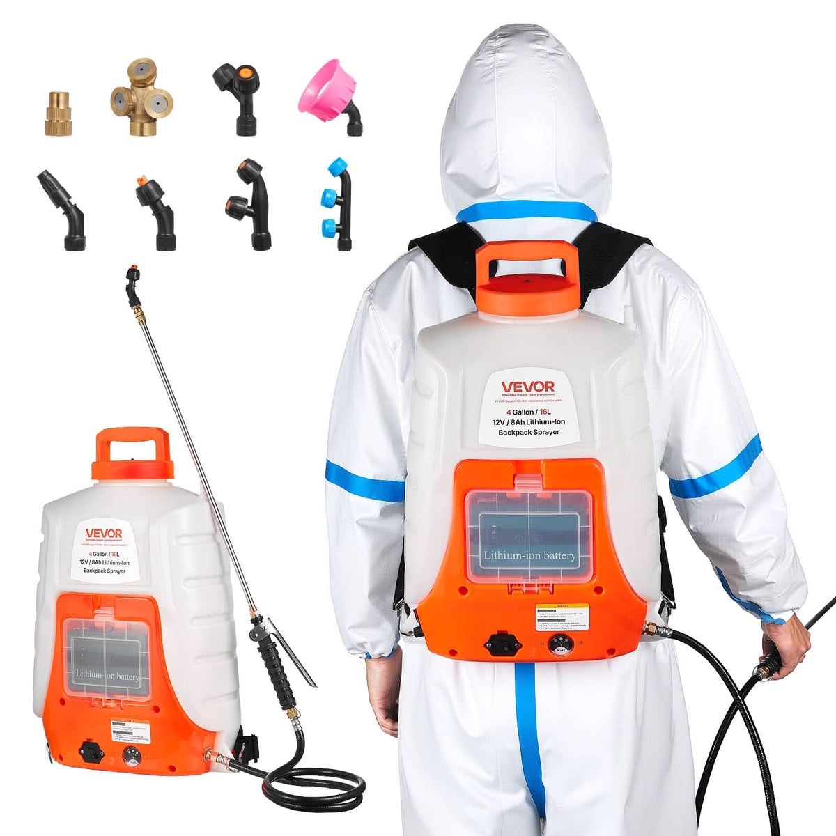 VEVOR - Battery Powered Backpack Sprayer,0-90 PSI Adjustable Pressure,4 Gallon Tank,Back Pack Sprayer with 8 Nozzles and 2 Wands - White + Orange