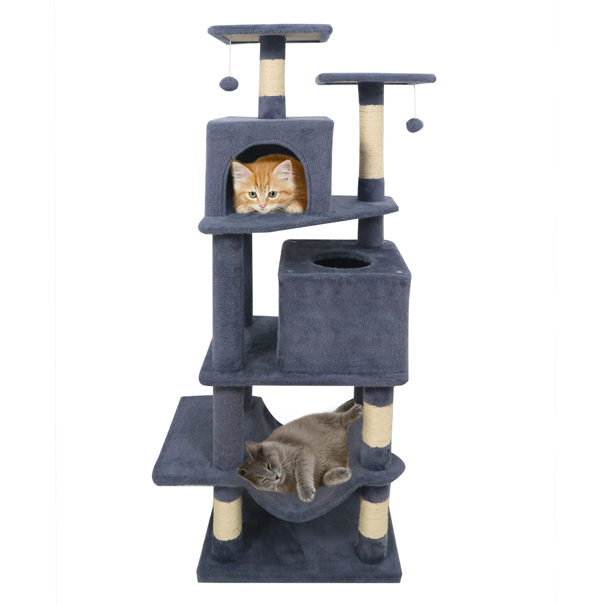 Gymax - 57'' Cat Tree for Indoor Cats w/Dual Condos Hammock Sisal Scratching Posts Grey - Gray