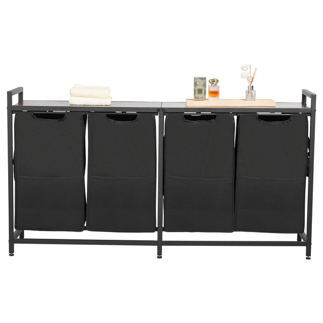 Front. VEVOR - 4Section Laundry Sorter,Large Laundry Hamper with Metal Frame and Wooden Tabletop, Freestanding Storage Organizer Basket - Black + brown.