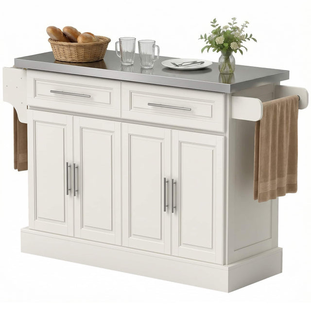 Front. Homcom - Kitchen Island with Stainless Steel Top, 2 Drawers, Spice, Knife and Towel Rack and Cabinets - Cream White.