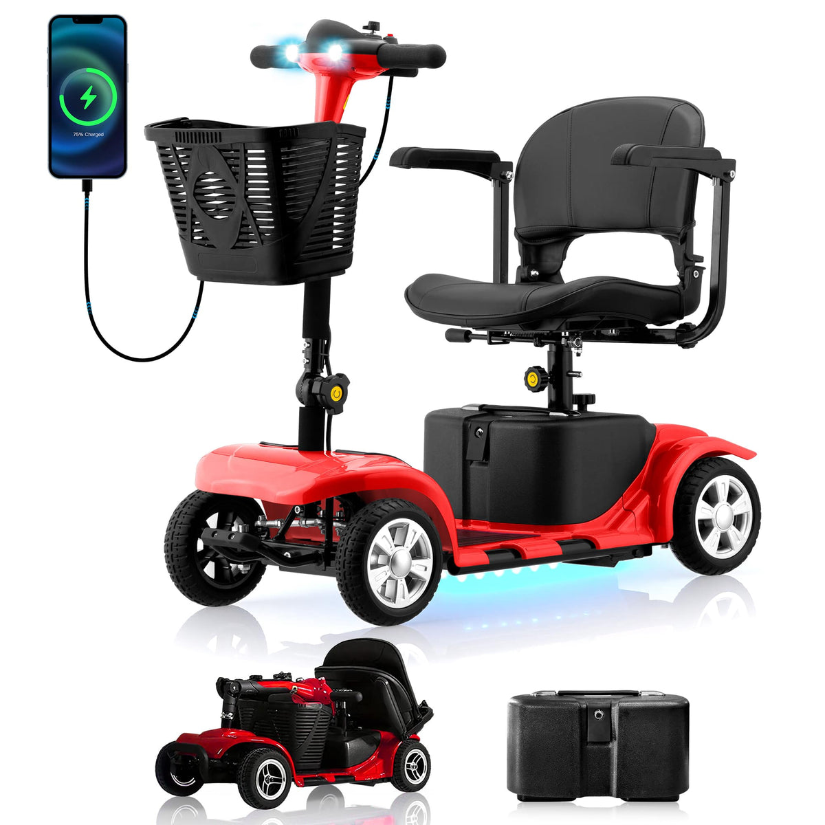 Hover Heart - Foldable Electric Scooter for Seniors, with LED Headlights, Storage Basket & Rechargeable Battery,10 Mile Long Range - Red