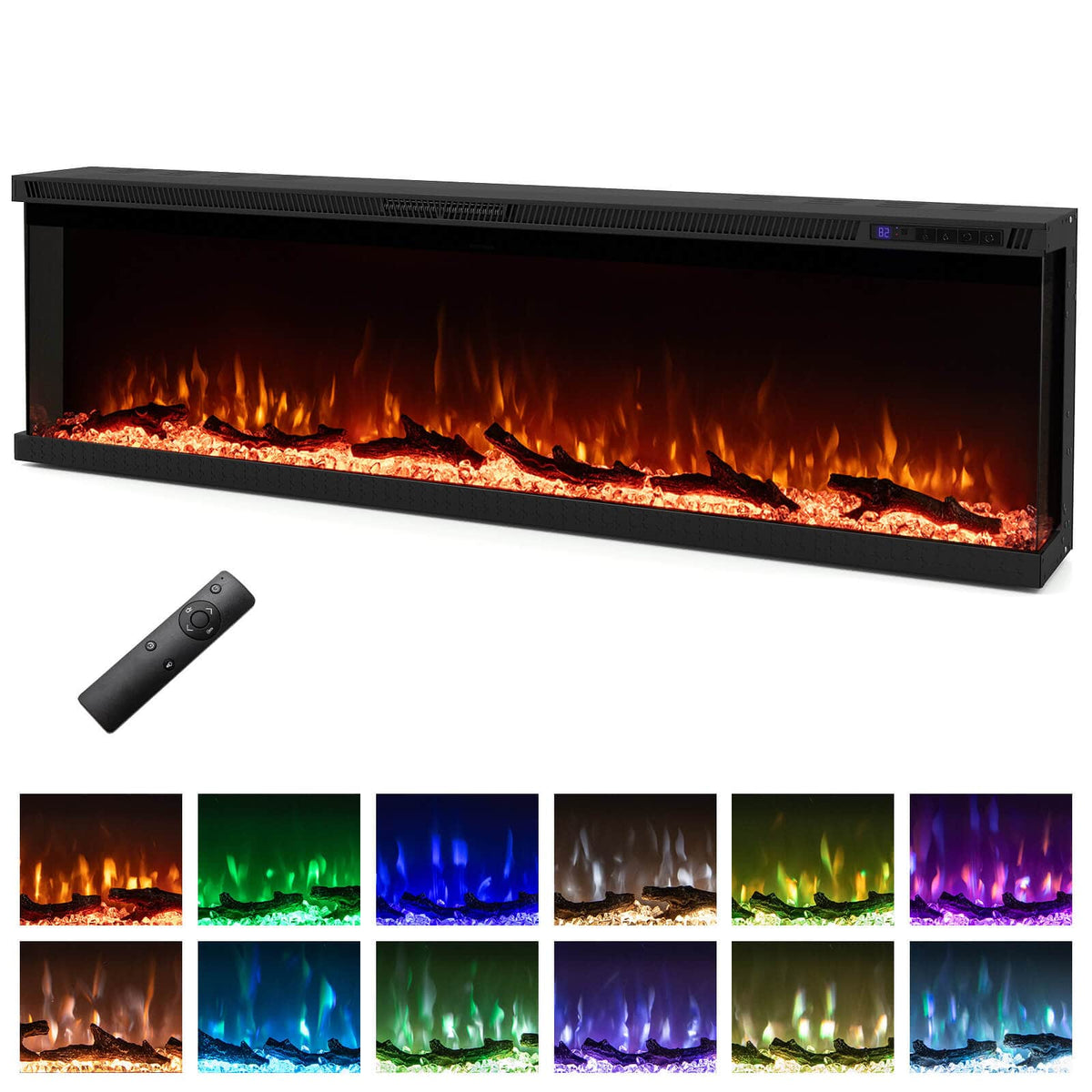 Costway - 60" Wide 3-Sided Electric Fireplace Insert 750with 1200W Recessed Wall-Mounted Heater - 60" Black