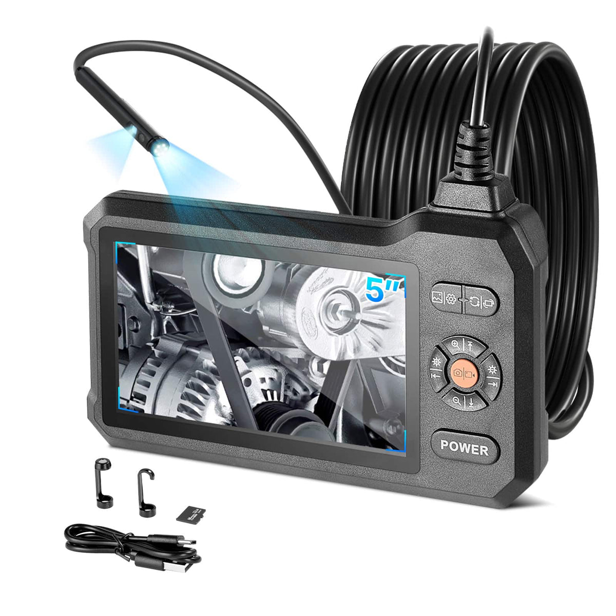 VEVOR - Dual Lens Endoscope with Light, 5" HD IPS Screen Industrial Borescope Camera, 0.22-inch Slim Lens, 8X Zoom - Black