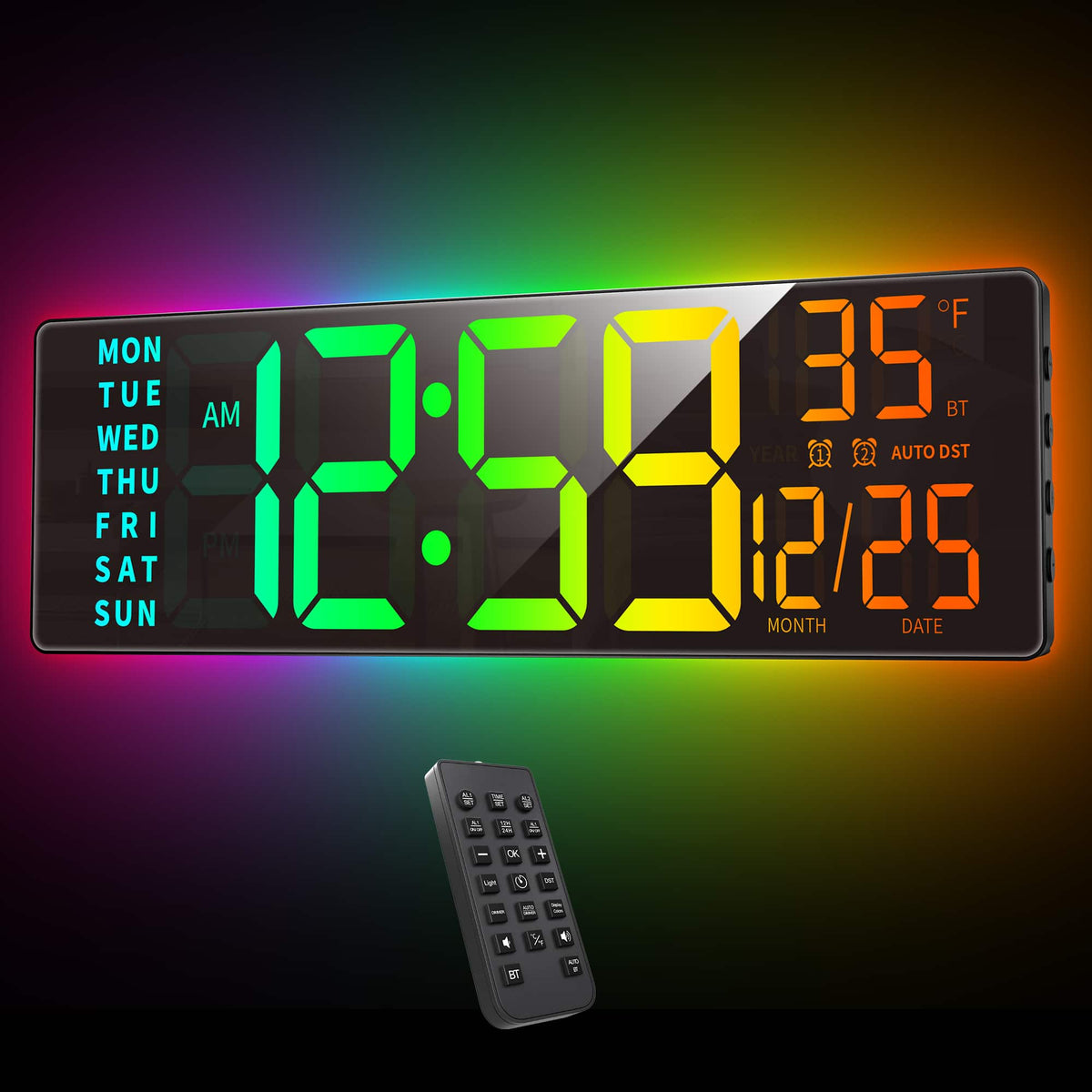 Easyera - 16.5" Digital Wall Clock with Remote Control, RGB Lights, Dual Alarms LED Display, Auto DST, Temperature, Power via plug - Black