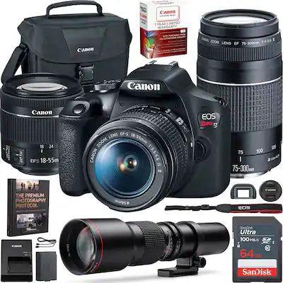 Canon - EOS Rebel T7 DSLR Camera w/ 18-55mm II + 75-300mm III Dual Lens Kit Pro Accessory Bundle