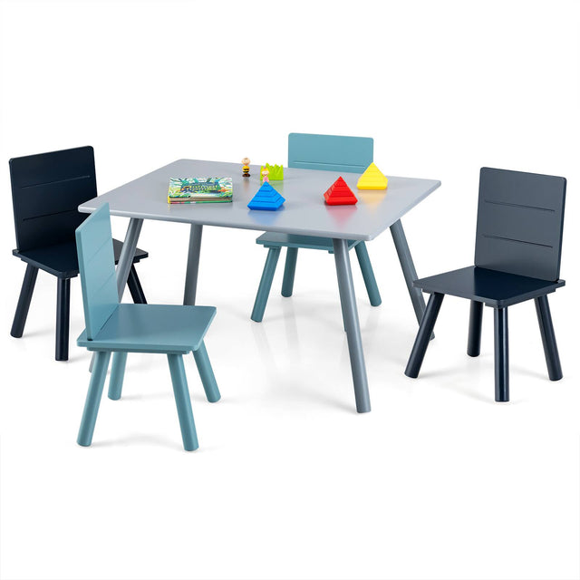 Front. Costway - Costway 5 Piece Kids Wooden Activity Table and 4 Chairs Play Set Gift w/ Building Blocks - Gray,Blue.