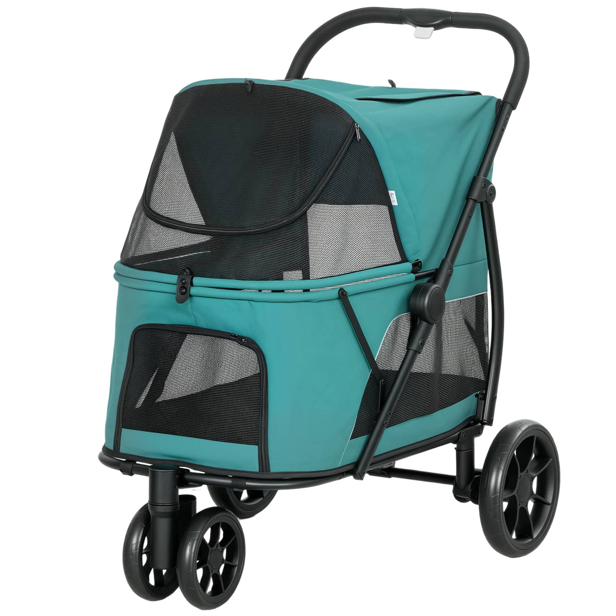 Pawhut - Wheel Pet Stroller with Easy One-Click Quick Fold, Mesh Window, Washable Cushion, for Medium Dogs - Dark Green