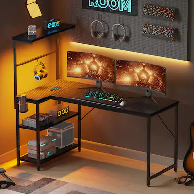 RSPGAME - 51.7 in. L-Shaped Gaming Desk with Power Outlets, Carbon Fiber Computer Desk with Storage Shelves