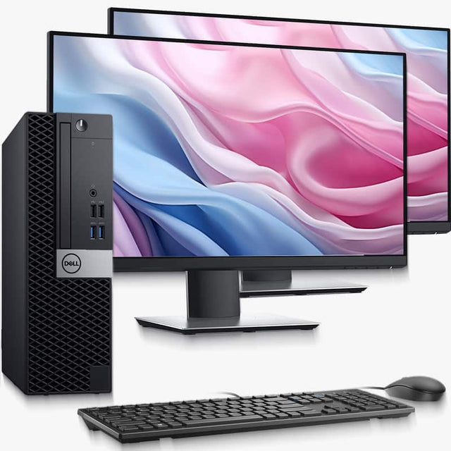Front. Dell - OptiPlex Desktop PC - SFF- Intel Core i5-6th 3.20GHz - 16GB RAM - 256GB SSD - Dual 24" LED - KB & Mouse - Wi-Fi - Win11 - Black.