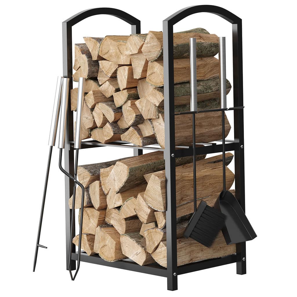 Home It - Firewood Rack with 4-Piece Tool Set - 17x12x29" Log Holder - Black