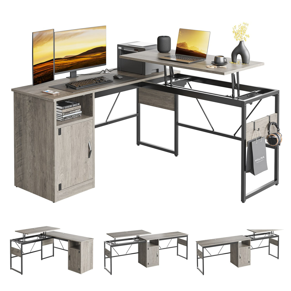 Bestier - L-Shaped Standing Desk with Lift Top, Extendable Corner Desk , Home Office Desk with Storage Cabinet & Wall Hooks - Gray