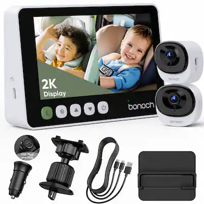 bonoch - 2K Baby Car Camera Monitor for 2 Kids, with Night Vision and 360° Rotating Adjustable View Dual Cameras