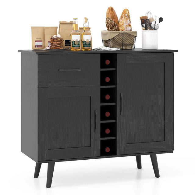 Front. Costway - 2-Door Wine Bar Cabinet Kitchen Sideboard Buffet with Drawer & Adjustable Shelves - Black.