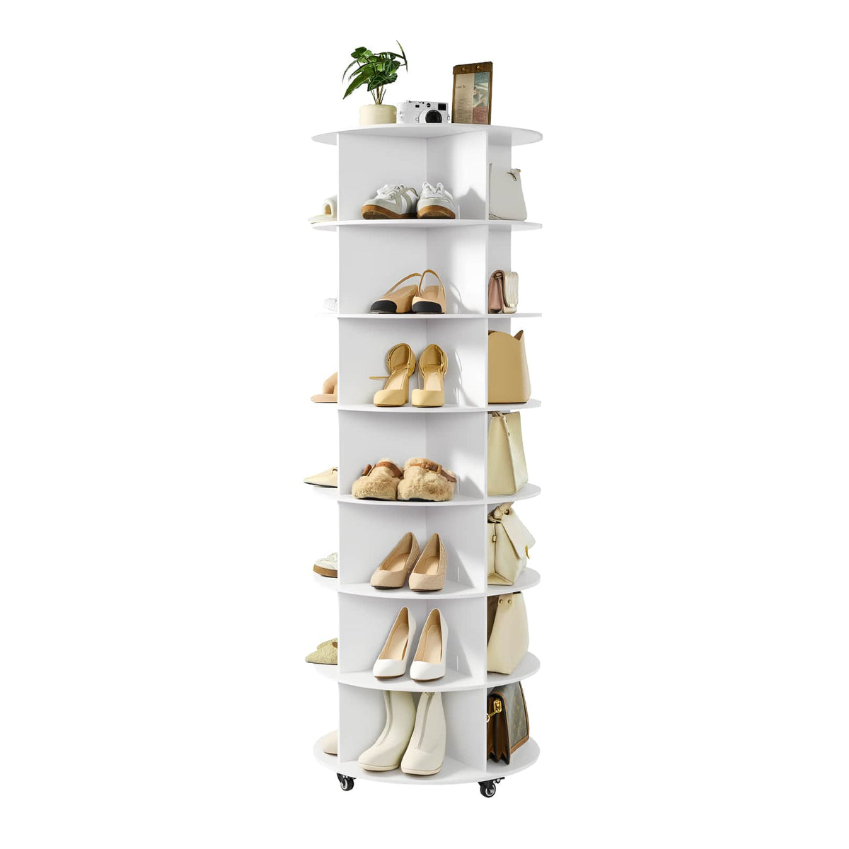 VEVOR - 7 Tiers Rotating Shoe Rack Tower with Wheels, Movable 360° Spinning Carousel Display, Lazy Susan Organizer Closet Shelf - White