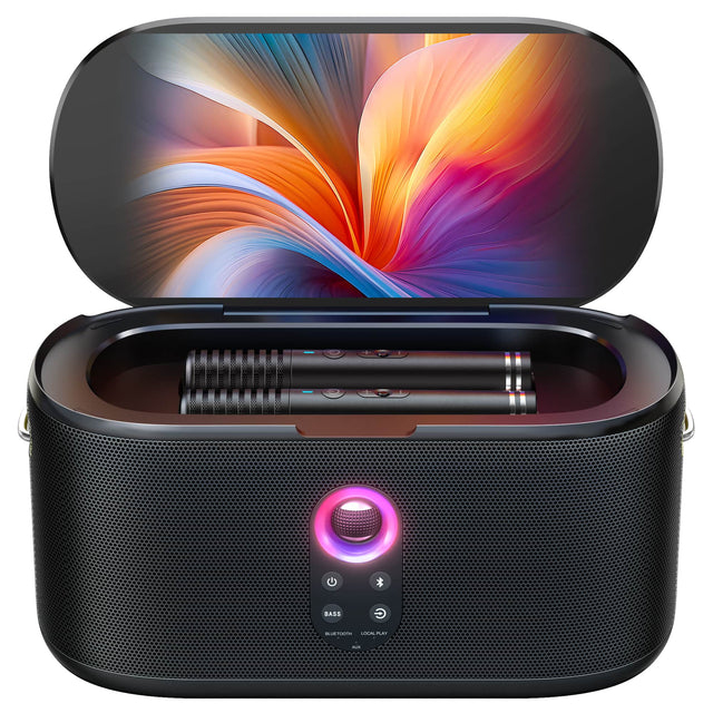 Front. Ikarao - portable Karaoke Machine with Lyrics Display, 10.1" Screen, 280W, 2+2 Channel, 2 Wireless Mics, Autotune EQ, HDMI for TV.