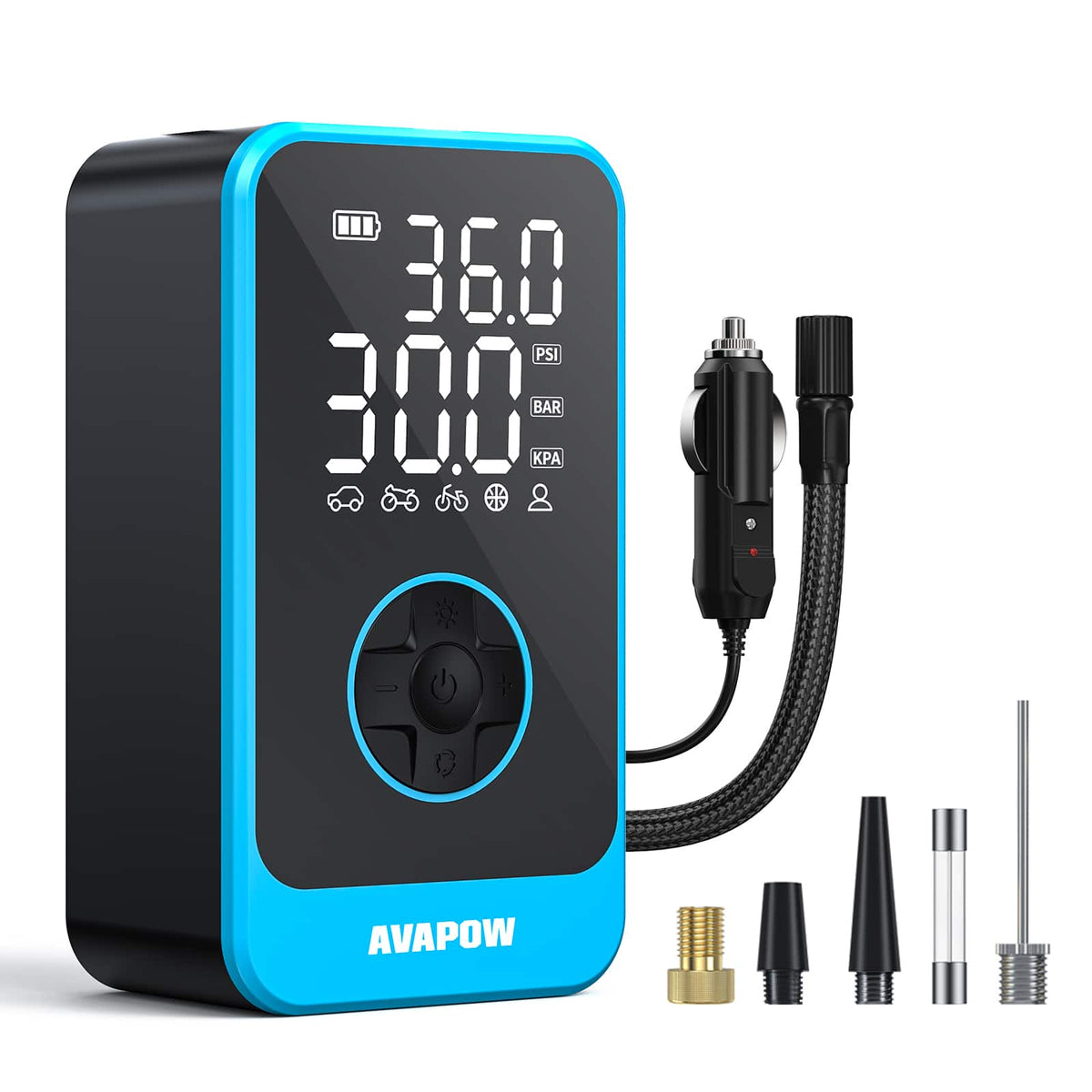 AVAPOW - 12V Car Tire Inflator Air Compressor with Digital Pressure Gauge Auto Shut-Off 150 PSI and LED Light - Blue