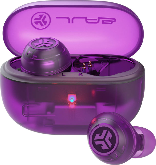 Front. JLab - JLab GO Pop ANC True Wireless Bluetooth Earbuds with Active Noise Cancelling, 24+ Hour Battery & Custom EQ - Transparent Purple.