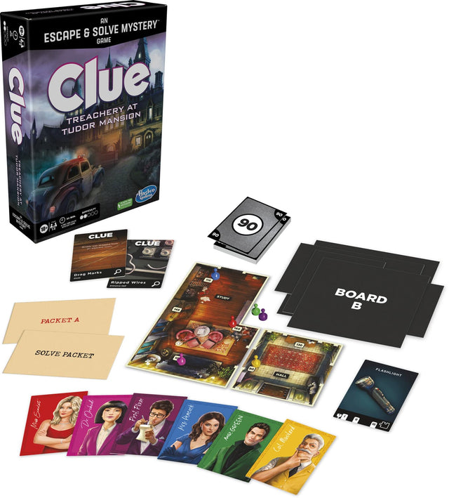 2 AN: & SOLVE MYSTERY I h ESCAPE GAME Clue Clue TREACHERY AT MANSION TUDOR TATTA... : .1 | C Hashro Gadding SUTWULTY 1 - - 00 W 2 DA Pda CLUE | CLUE - : s0 90 so o  azka - RIDDOS wires P - : PACKET A MP - SPUAIT Tour BOARD  SOLVE PACKET C - MALL UND FLASHLIGNT Enadd #W Oriked Flam Prot. F Pencent he GREEN MR, Mucterd Cal.