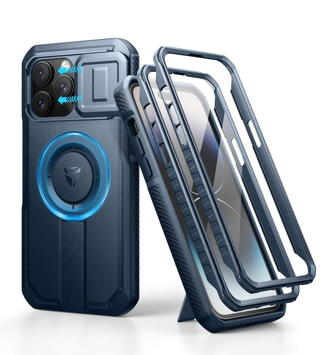 Front. Dexnor - for iPhone 14 Pro Max Case with Camera Cover, Adjustable Kickstand and Screen Protector Magnetic Cover - Navy Blue.