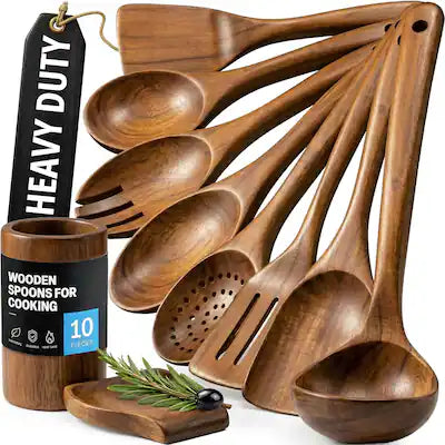 Zulay Kitchen - 10-Piece Wooden Spoons for Cooking - Smooth Finish Teak Wooden Utensils for Cooking