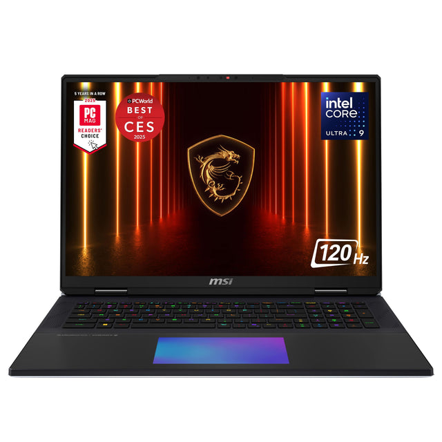 5 YEARS IN A ROW  
2025  
PC MAG  
READERS' CHOICE  

PCWorld  
BEST OF CES 2025  

intel CORE  
ULTRA 9  

120 Hz  

msi