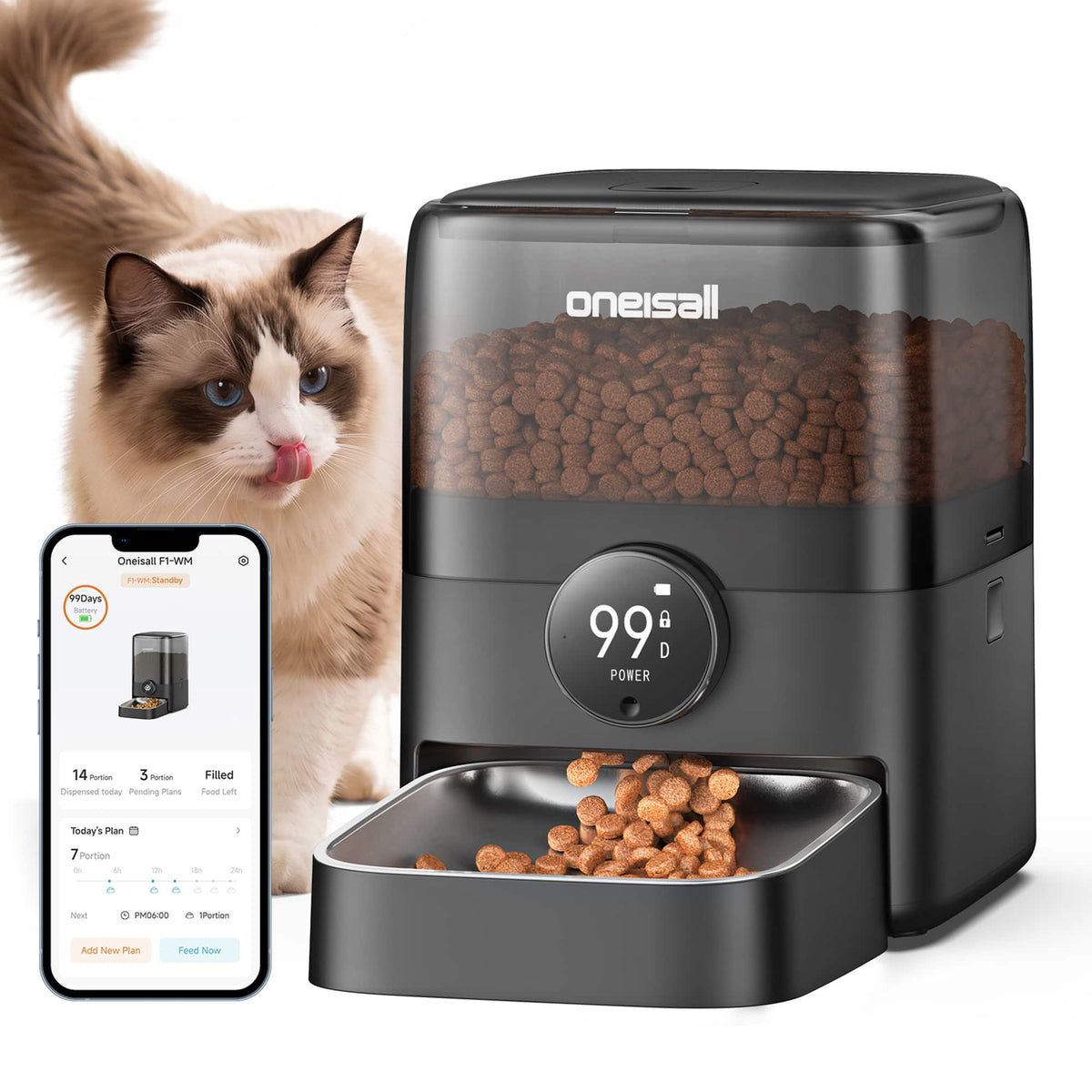 Oneisall - 3L Wi-Fi Automatic Cat Feeder: App Control, 100-Day Battery, Stainless Steel Bowl, 0.7" Large Kibble,Voice Recorder - Black