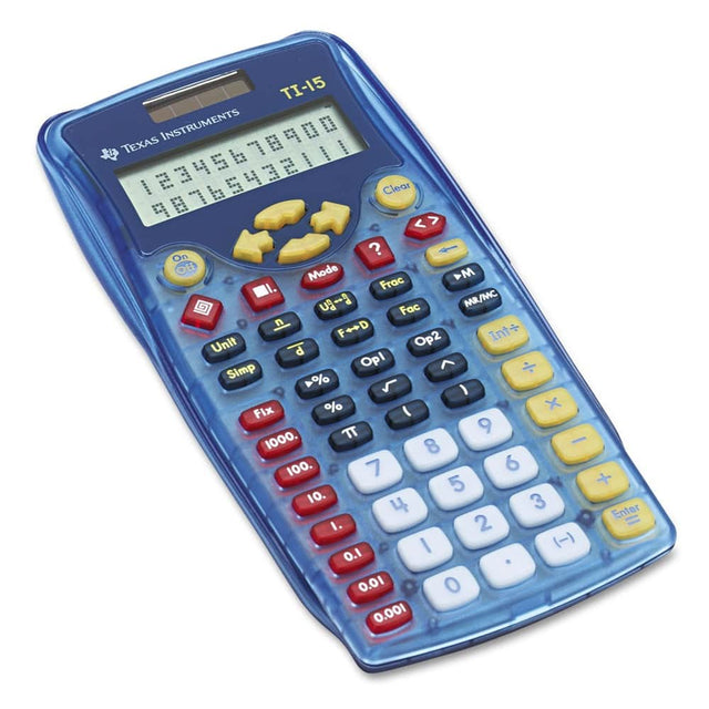 TI-15 INSTRUMENTS TEXAS  
1234567890  
9876543211  

Clear  
On  
Mode  
Frac  
Fac  
MR/MC  
F++D  
Op2  
Int+  
Unit  
Simp  
Opl  
Fix  
%  
x  
9  
1000.  
8  
-  
100.  
7  
6  
5  
+  
10.  
3  
4  
Enter  
I.  
2  
=  
D  
I  
)  
O.1  
10.0  
0  
100.0