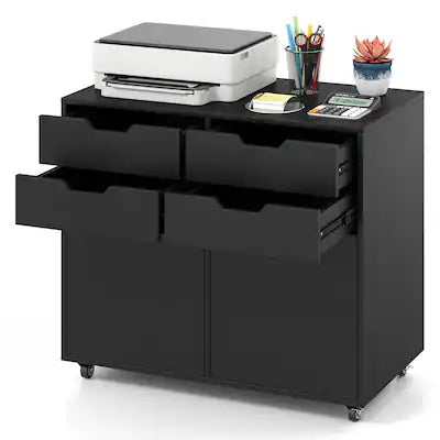 Costway - 4 Drawer File Cabinet Rolling Printer Stand with Wheels Wooden Chest of Drawers