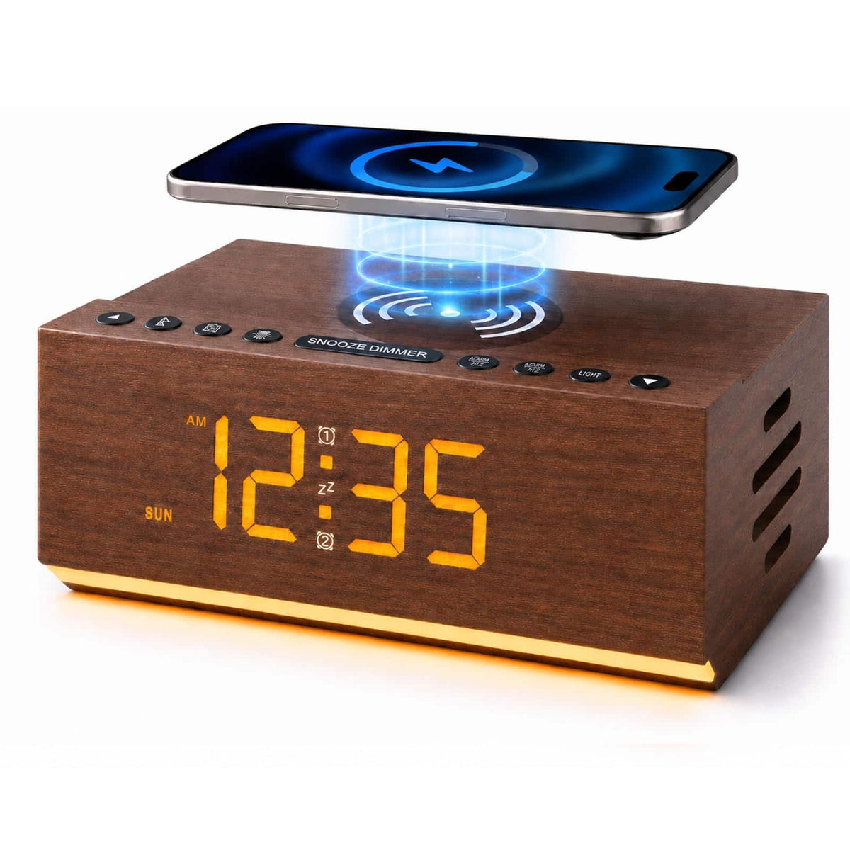 Dazzed Corner - Wooden Digital Alarm Clock with Bluetooth Speaker, Wireless Charging & FM Radio - Brown