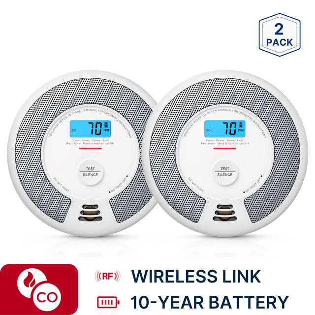 2 PACK

IMPORTANT: REFER TO OWNER'S MANUAL FOR OPERATING INSTRUCTIONS

CO 70 PPM

Green - Power
Yellow - Fault
Red - Alarm

Move to fresh air. Call 911

DO NOT PAINT

TEST SILENCE

ON TWIST OFF

RF WIRELESS LINK

10-YEAR BATTERY