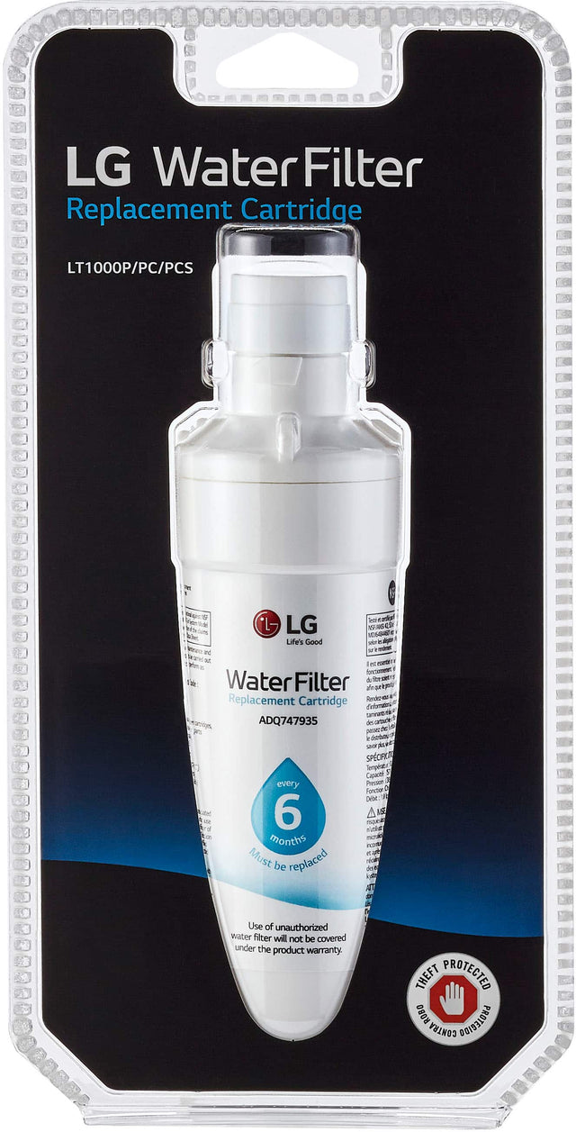 LG Water Filter Replacement Cartridge LT1000P/PC/PCS K LG EBA CS Life's Good ke . ap inc tot at I  met forcoomea Water Filter d  e o Replacement Cartridge Rendez-ADQ747935 dn every 6 months Must be replaced uME  SPCIFICI Sempert Capact Pression Fancor Drbe: A 1 is ricin AL Use of unauthorized water filter will not be covered under the product warranty THEFT PROTECTED ROBO PROTEGIDO CONTRA