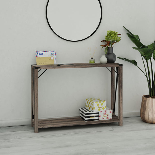 Front. Emma + Oliver - Marella Engineered Wood Modern Farmhouse Entryway Console Table with Metal Accents - Gray Wash.