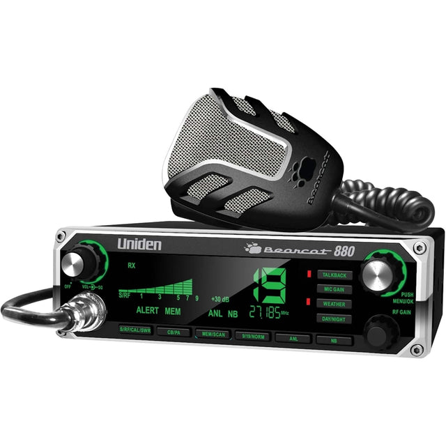 Uniden RX Bearcat 880

- TALKBACK OFF
- VOL: 01
- S/RF 1 3 5 7
- ALERT MEM
- S/RFICAL/SWR
- CB/PA
- +30 dB
- ANL NB
- 2 185 MHz
- MEM/SCAN
- S/19/NORM
- ANL MIC GAIN
- WEATHER DAY/NIGHT
- NB PUSH MENUJOK
- RF GAIN

Bearcat 880

- RX
- VOL: 50
- S/RF 1 3 5 7 9
- ALERT MEM
- ANL NB
- S/RF/CAL/SWR
- CB/PA
- MEM/SCAN
- 9/19/NORM
- TALKBACK
- MIC GAIN
- WEATHER
- DAY/NIGHT
- PUSH MENU/OK
- RF GAIN